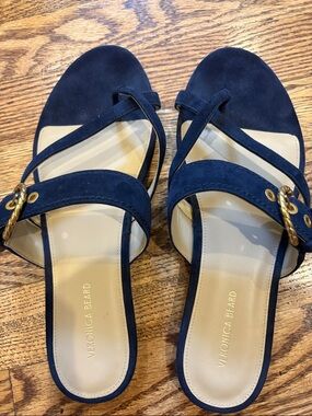 Veronica Beard Navy Suede Slide Sandals with Gold Chain Accent